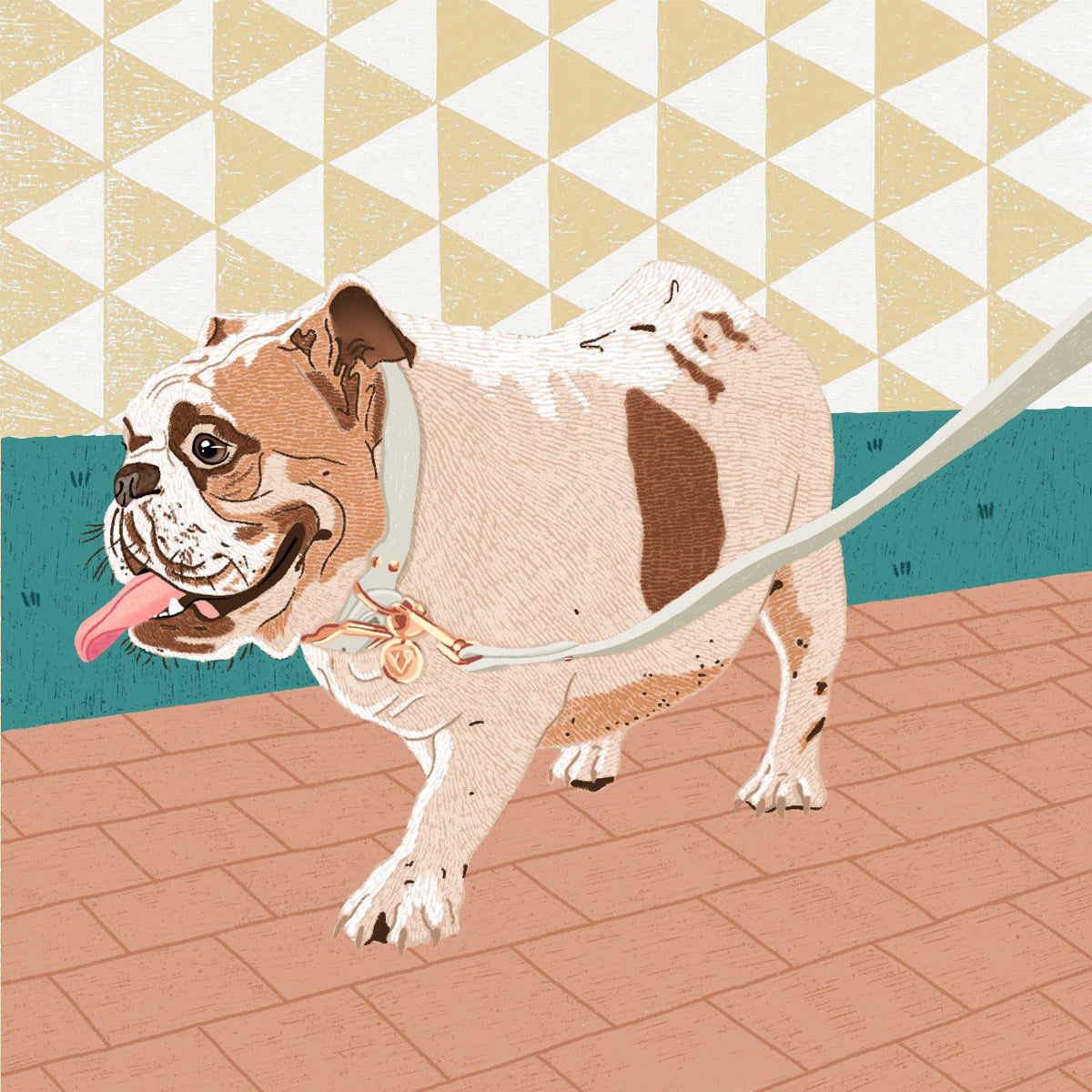 Minimalist digital art of an English Bulldog, in a Valgray for Dogs designer dog leash and collar. The art shows an excited English Bulldog walking with a luxury, tear-resistant bone grey and yellow gold dog lead and collar on a patterned background.
