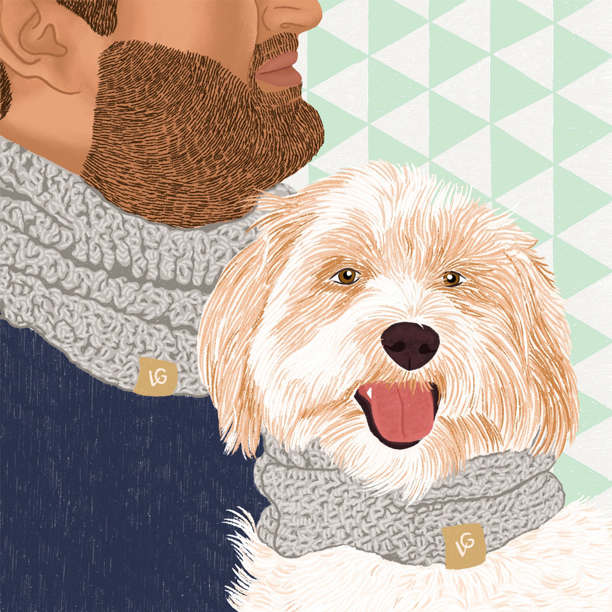 Minimalist digital artwork showing a small fluffy white Maltese dog and male owner sitting on a beach in Cape Town wearing Valgray for Dogs luxury, handcrafted pepper grey matching snood scarf set for dogs and owners.