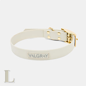 Bone grey & yellow gold premium waterproof large dog collar and personalised name tags.