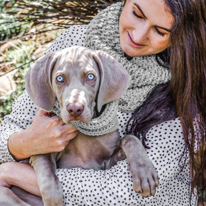 Pepper grey Handcrafted Human and Dog Matching Snood Set on women.