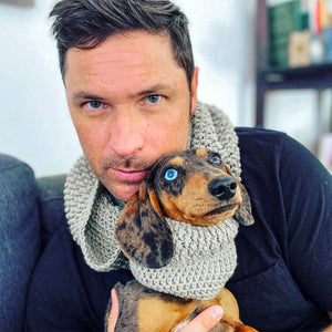 Pepper grey Handcrafted Human and Dog Matching Snood Set on man.