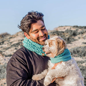 Ocean blue Handcrafted Human and Dog Matching Snood Set on man & small dog.