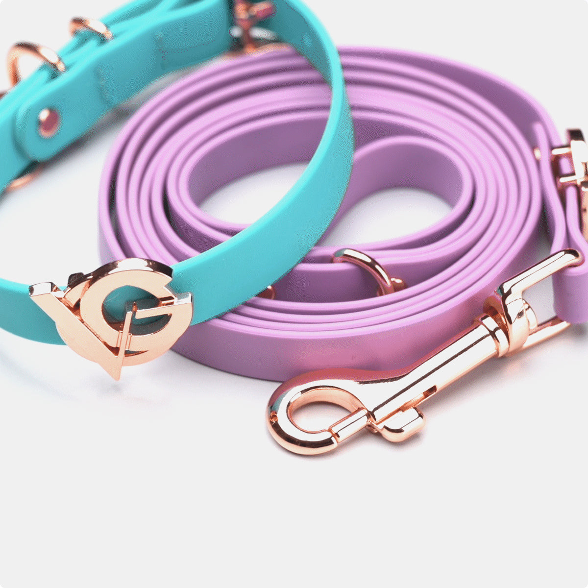 Valgray Splash Proof Dog Collar & Leash Set, Turquoise & Lilac with Rose Gold, Small